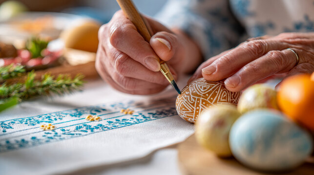 Grandfather and granddaughter painting Easter eggs together