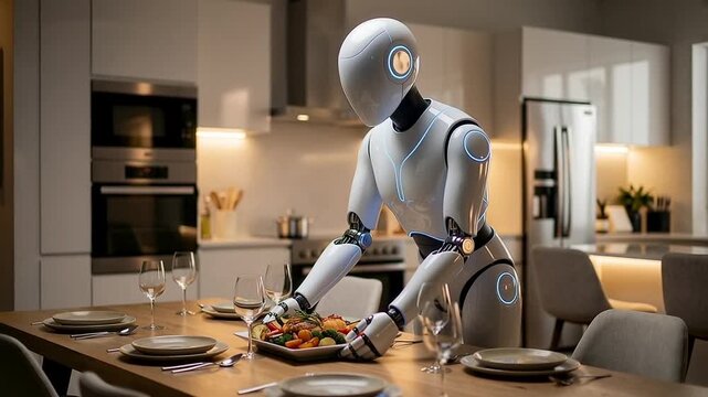 Female robot places a food tray on a table. Futuristic service, robotics, automation and modern dining concept.
