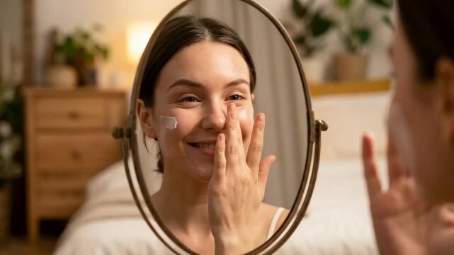 Close-up of a young woman looking in the mirror while applying cream on her face. Skincare, beauty routine and personal care concept.
