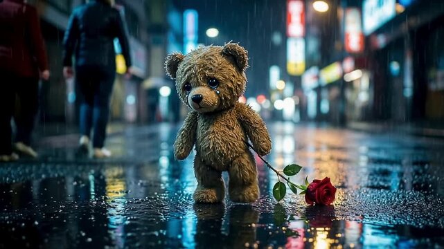 A small teddy bear walks in the rain dragging a rose behind. Concept of heartbreak, disappointment in love and melancholy mood.