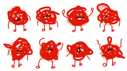 red messy monster characters with funny faces and long thin black limbs © foxndeer