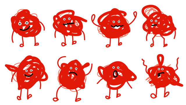 red messy monster characters with funny faces and long thin black limbs