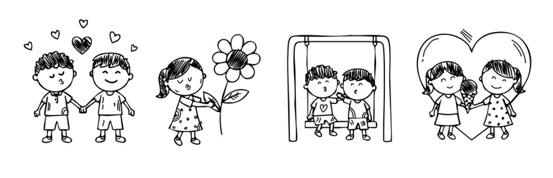 simple black line drawings of children playing and swinging in the park
