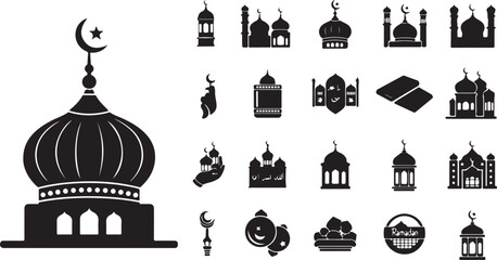 Obraz premium Detailed black silhouette of a mosque with minarets and architectural details