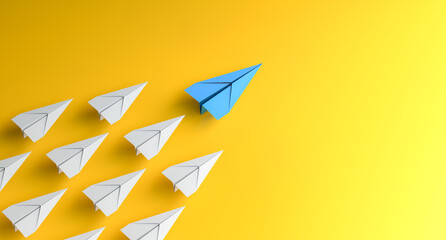 Leadership concept, blue leader plane leading white planes, on yellow background. 3D Rendering © Vlad Chorniy