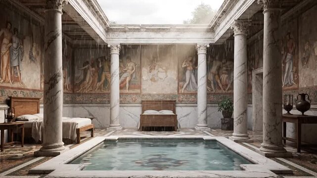 Luxurious classical interior design with marble columns intricate wall details and a central indoor pool for elegant relaxation