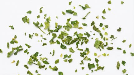 Scattered dried mint leaves on white background,herbal texture concept for culinary,tea,organic seasoning and healthy natural ingredients