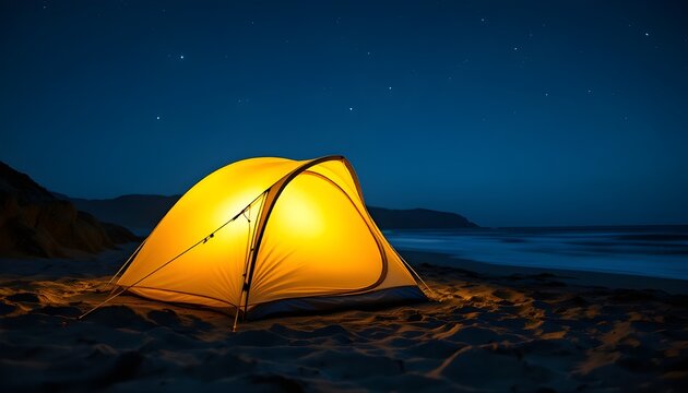 A glowing yellow tent pitched on a sandy beach under a clear starry night sky with gentle ocean waves in the background during a tranquil camping trip.