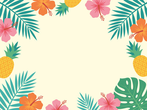 Tropical Summer Frame with Hibiscus Flowers, Pineapples, and Palm Leaves