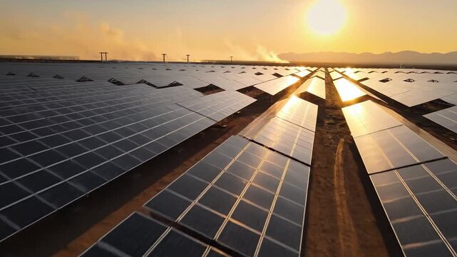Solar panel farm at sunrise in desert landscape, renewable energy infrastructure for clean power and net zero goals, warm golden light and Earth Day climate hope
