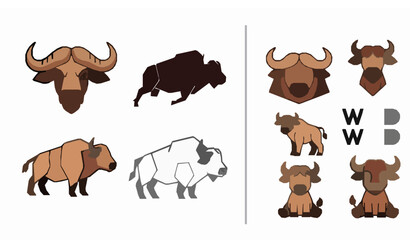 Fototapeta premium buffalo, cartoon, cute, funny, adorable, character, mascot, smiling, playful, kids, child, nursery, baby, calf, animal, wildlife, friendly, vector, flat, illustration, colorful, isolated, white, set, 
