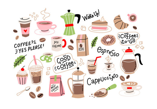 Coffee elements set. Cute minimalist design, different types of coffee making, cups and glasses. Vector illustration