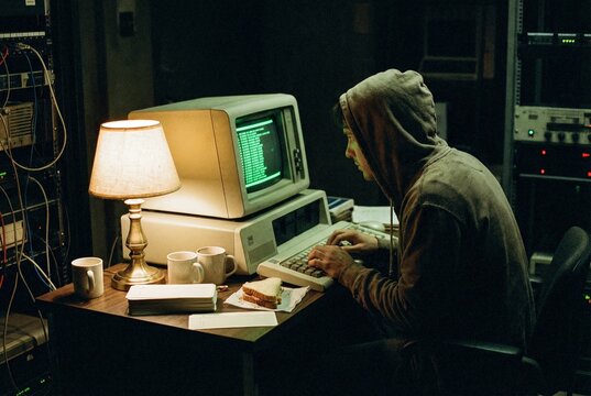 Man in hoodie coding on vintage computer in dark server room