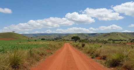 Fototapeta premium Scenic Landscape of African Countryside with Red Soil Road and Rolling Hills Under a Blue Sky
