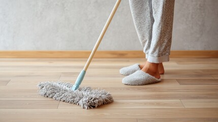 Woman in cozy slippers and pajama pants cleans light wooden floor with a spray mop, showcasing minimalist composition and static side view of legs and mop