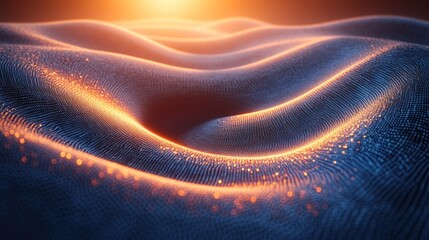 Abstract digital landscape of glowing, undulating waves and particles under a warm, radiant light