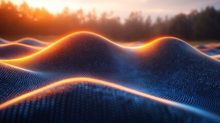 Abstract digital wave formation with illuminated edges over a blurred landscape