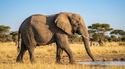 African elephant drinking water at a natural watering hole in golden savannah with zebras and acacia trees in background,wildlife in natural habitat