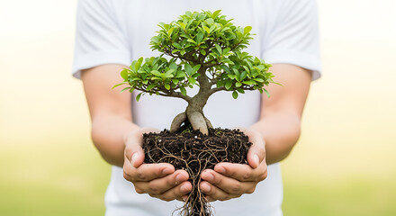Hands holding a small bonsai tree with visible roots and dark soil