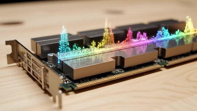 Abstract visualization of vibrant sound waves and music data displayed as a colorful spectrum on a modern RAM module symbolizing technology and innovation