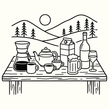 Minimalist Outline Illustration of Drinks and Mountains