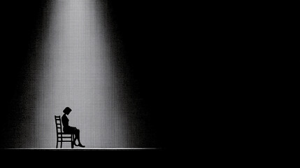 Fototapeta premium Depressed Woman Sitting Alone Under Spotlight Black and White Dramatic Scene