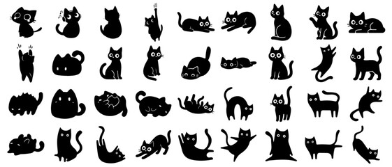 Collection of various cat silhouettes, featuring different poses, and actions, including sitting, walking, stretching, and playful positions for design, illustration, and decorative use © Chadni
