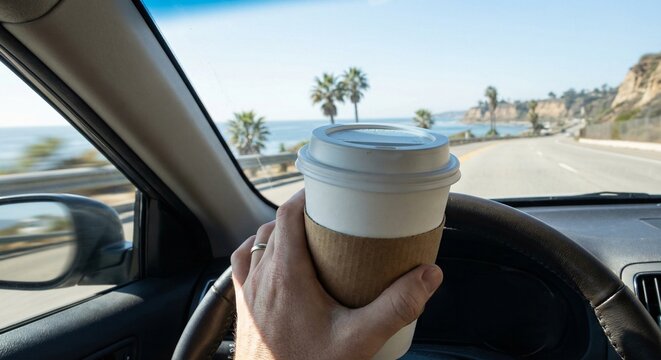 Person driving car with coffee cup on coastal road