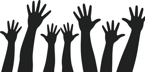 Fototapeta premium Multiple raised hands in silhouette against a white background vector