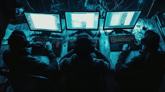 Three figures, hooded, seated at computers in a dimly lit room, illuminated by blue screens. They use keyboards