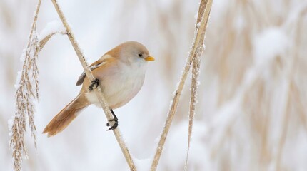 Small bearded reedling bird perched on frosty reed stems in winter wetland habitat,showing soft feathers and peaceful snowy background,ideal for seasonal wildlife and nature concepts