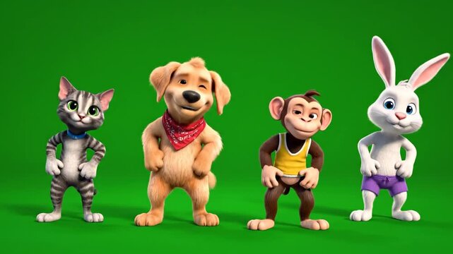 Animated animals, cat, dog, monkey, and rabbit dance against a green background