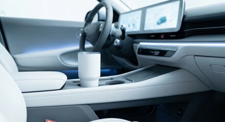 White travel tumbler in modern car cup holder