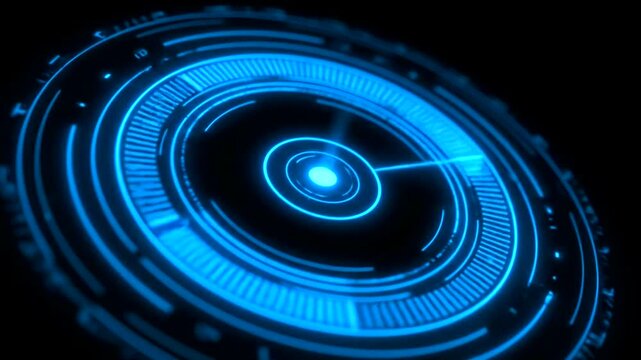 Futuristic blue neon circular interface on black background.