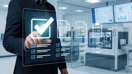 Businessman selecting checklist icons on futuristic transparent interface in smart factory,concept of quality assurance,task management and industry 4.0