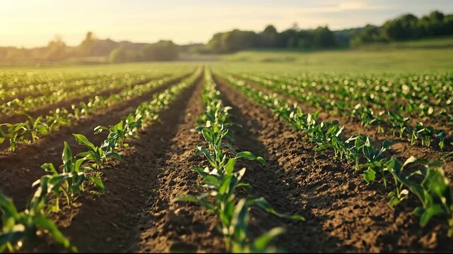 Vibrant young crops growing in rows under warm sunlight.