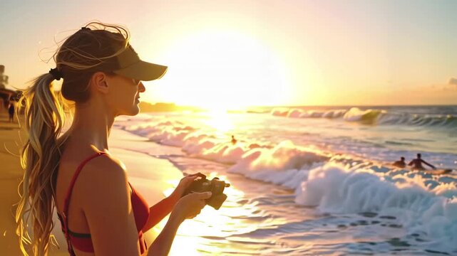 Woman Controlling Drone Over Surfing Beach.