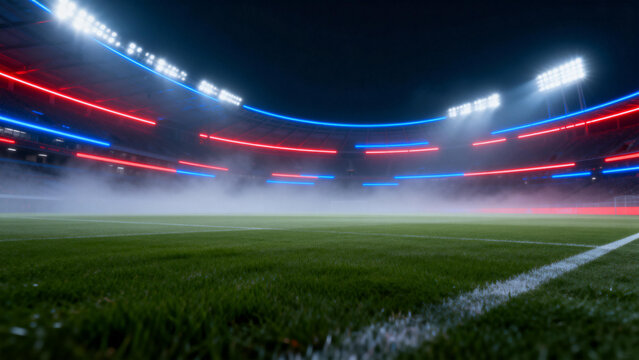 Wide angle empty soccer field with futuristic neon stadium lights and fog for sports event background