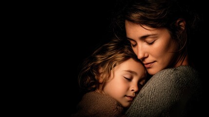 Mother and child embracing in a dimly lit environment, showcasing their peaceful expressions and close bond, with soft lighting enhancing their features