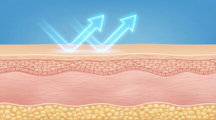 Cross-section illustration of healthy human skin layers with glowing arrows representing UV protection and barrier defense,ideal for skincare and dermatology concepts