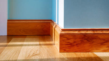 Natural wooden baseboards with polished light hardwood flooring casting soft shadows against turquoise painted walls in a modern interior space