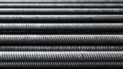 High close-up of parallel reinforced steel bars with visible machining patterns, isolated on a white surface showcasing reflections and a minimalist aesthetic