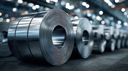 High close-up view of cold rolled steel coils stacked in layers within a modern production plant showcasing detailed surface textures and reflections in a heavy industry setting