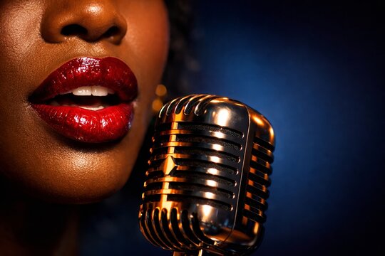 A singer presents jazz music using vintage microphone while engaging the audience at a live performance location during black history month