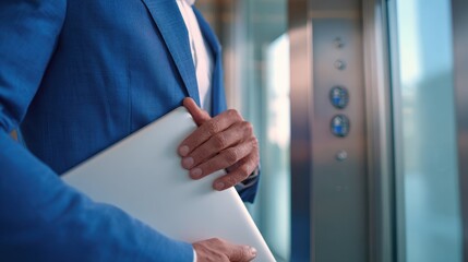 Man in elegant blue suit pressing elevator buttons while holding a white laptop, contemporary interior with transparent walls and steel finishes illuminated by morning light