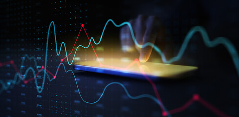 Digital Data Analysis on Tablet with Stylus and Financial Graph Visualization.