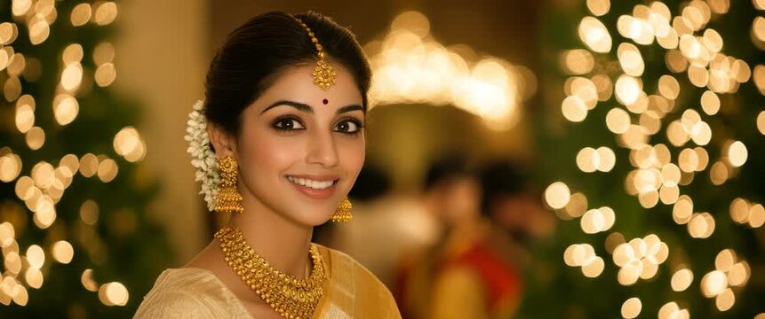 Elegant Indian woman in traditional gold jewelry and flowers in her hair smiles happily, celebrating a vibrant Indian festival with sparkling bokeh lights