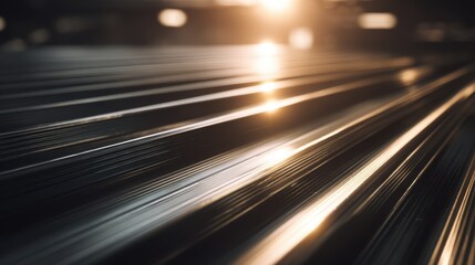 High industrial interior featuring aligned corrugated metal roofing sheets illuminated by warm sunset light, showcasing reflective surfaces and minimalist design elements