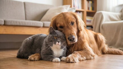 Golden retriever and gray British shorthair cat cuddling together on wooden floor,cozy friendship between dog and cat in home environment