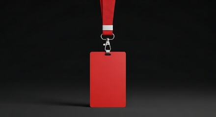Red ID Badge with Lanyard on Black Background.